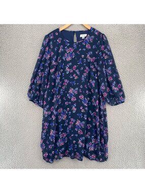 Calvin Klein Dress Womens 12 Navy Floral Shift Above Knee 3/4 Balloon Sleeves